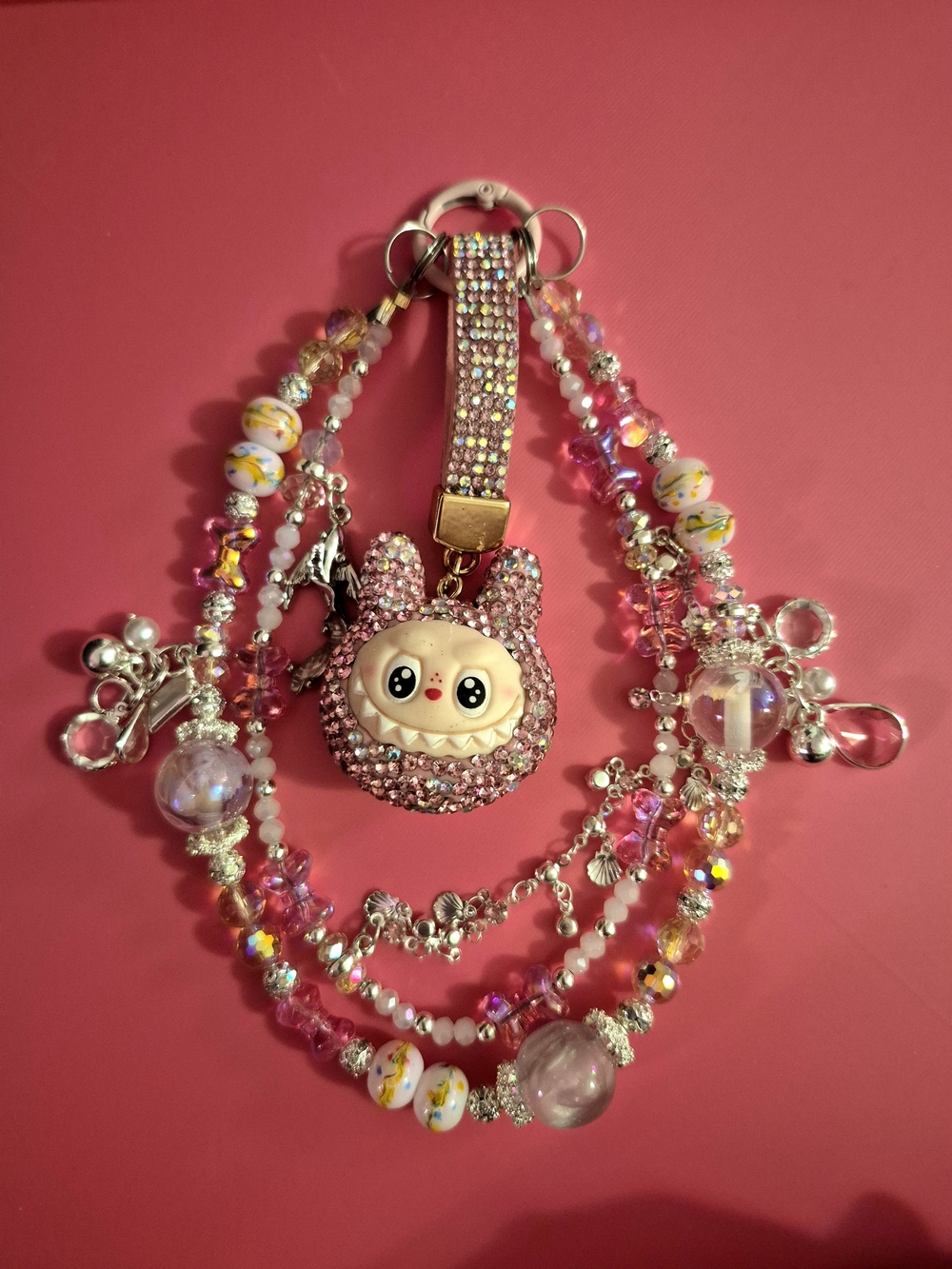 Pink Rhinestone Labubu Phone Chain
